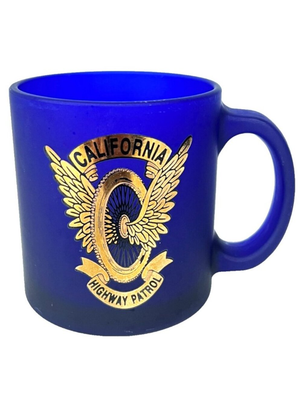CHP California Highway Patrol Coffee Vtg Mug Cobalt Frosted Glass Gold Logo USA